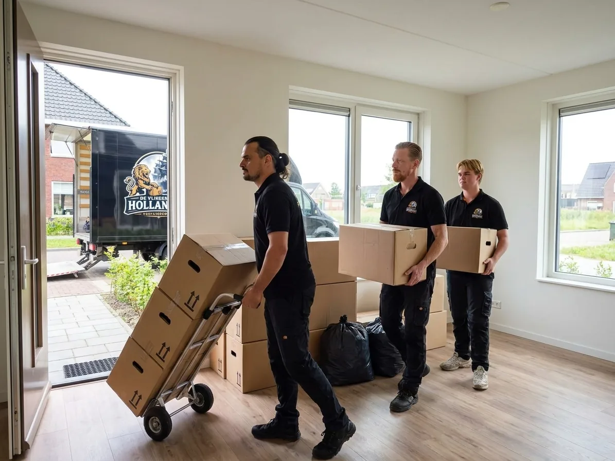 Verhuizers van De Vliegende Hollander brengen dozen en inboedel naar de verhuiswagen