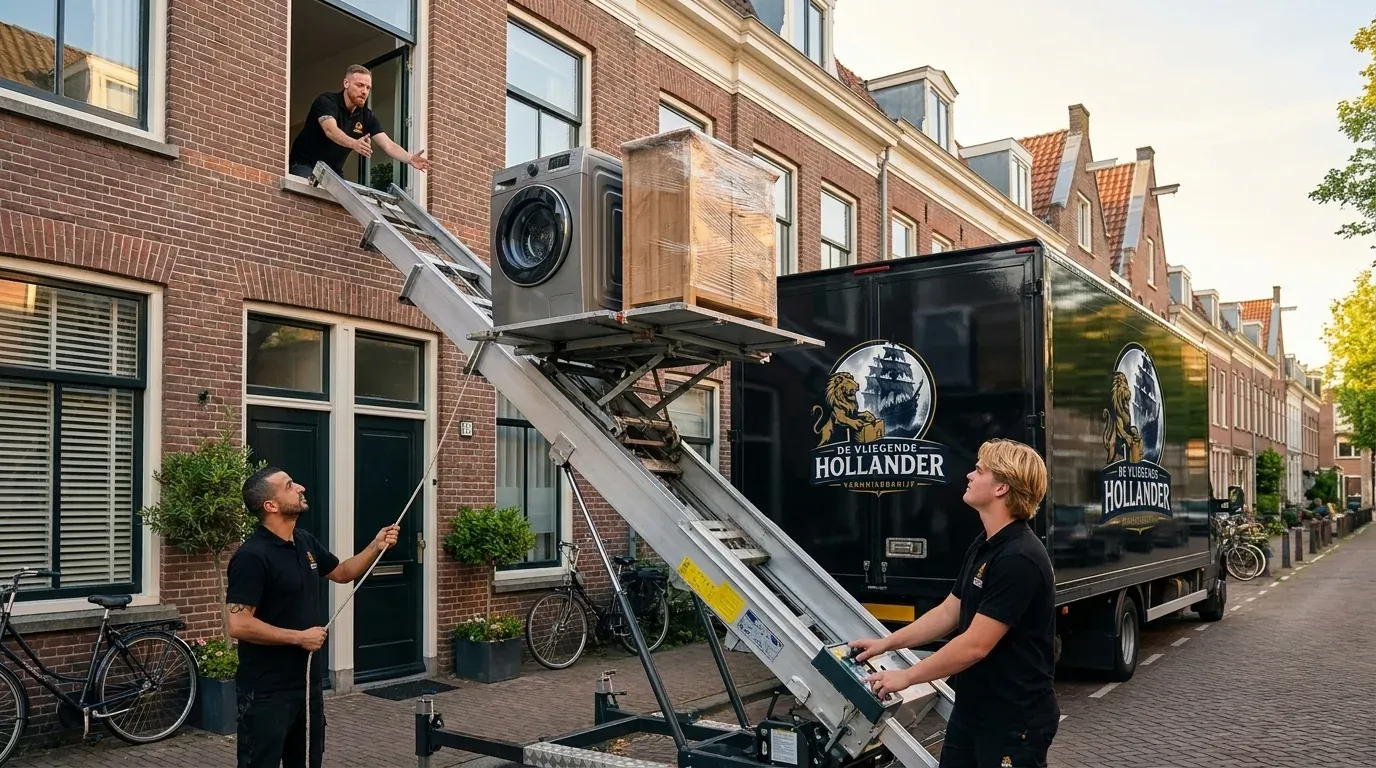 Verhuislift van De Vliegende Hollander tilt meubels naar een hogere verdieping