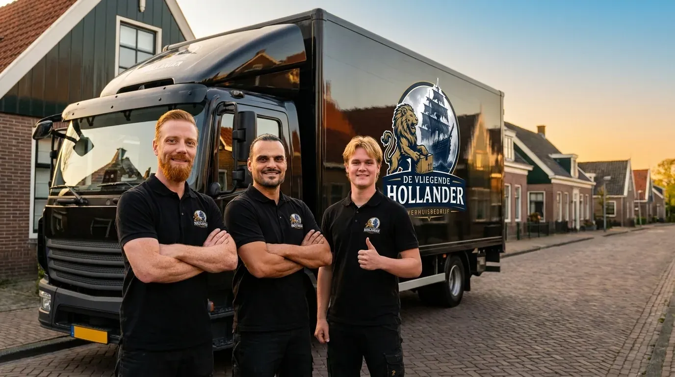 Het team van Verhuisbedrijf De Vliegende Hollander bij de zwarte verhuiswagen