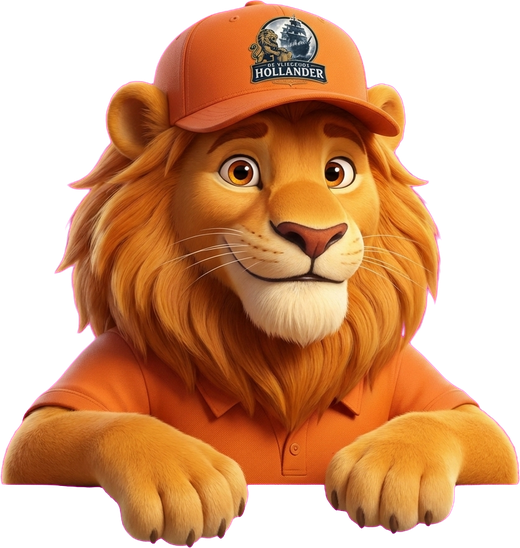 De mascotte van De Vliegende Hollander, een leeuw met pet en bedrijfslogo, piept over de rand