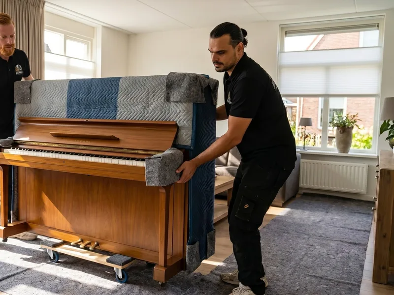 Verhuizer zet een ingepakte staande piano op een pianowagen klaar voor veilig transport