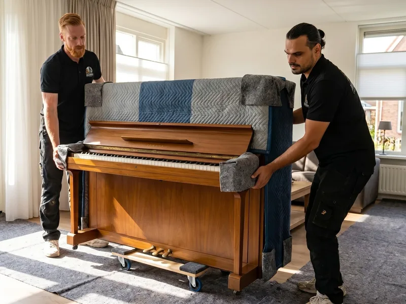 Twee verhuizers van De Vliegende Hollander tillen een ingepakte staande piano op een pianowagen in de woonkamer