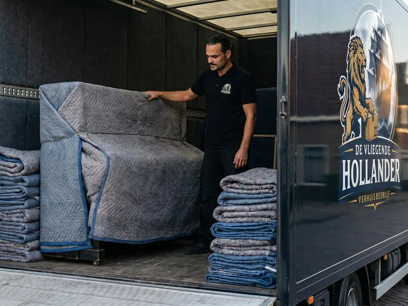 Verhuizer laadt een zorgvuldig in dekens ingepakte piano in de bakwagen van De Vliegende Hollander
