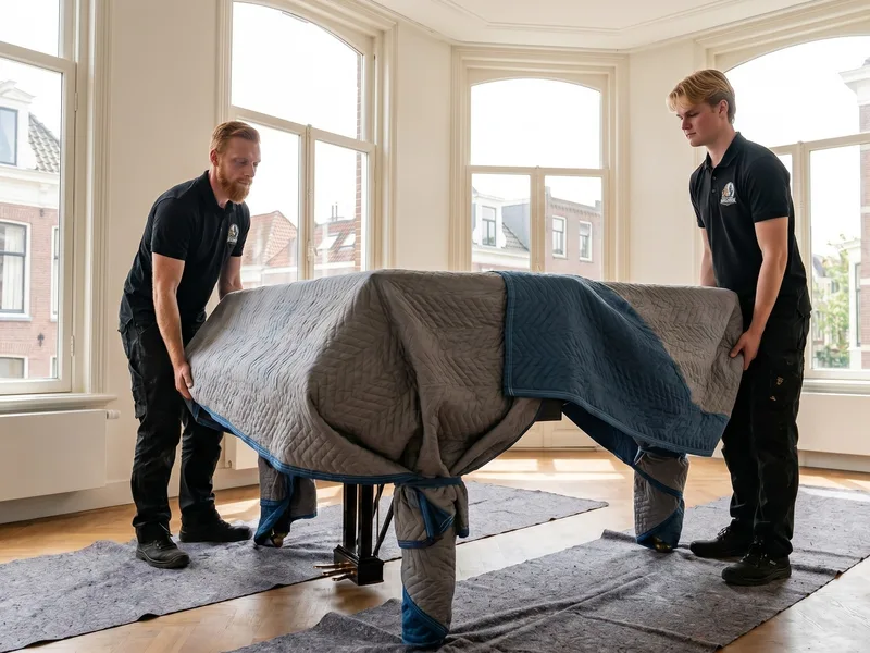 Twee verhuizers dragen een in dekens verpakte vleugel voorzichtig door een klassieke kamer