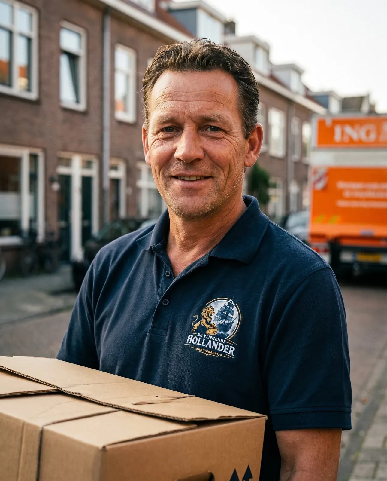 Vriendelijke verhuizer van De Vliegende Hollander met een verhuisdoos