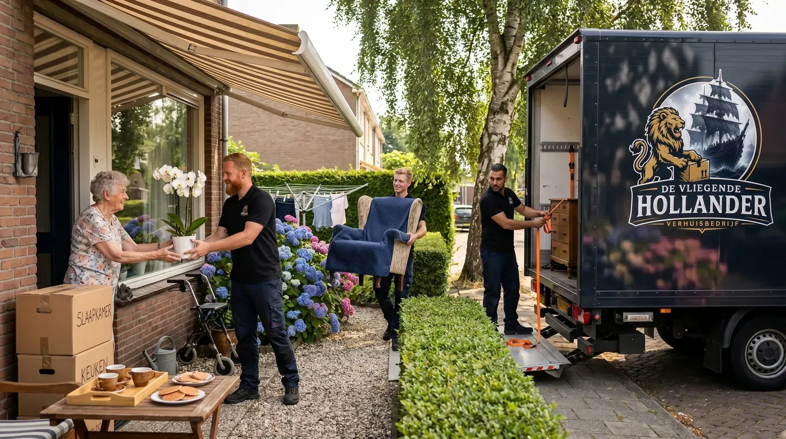 Verhuizers van De Vliegende Hollander tillen een in dekens gewikkeld meubelstuk