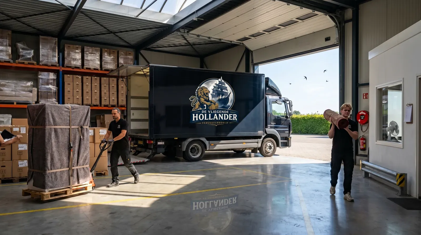 Verhuizers van De Vliegende Hollander schuiven de inboedel achter in de verhuiswagen