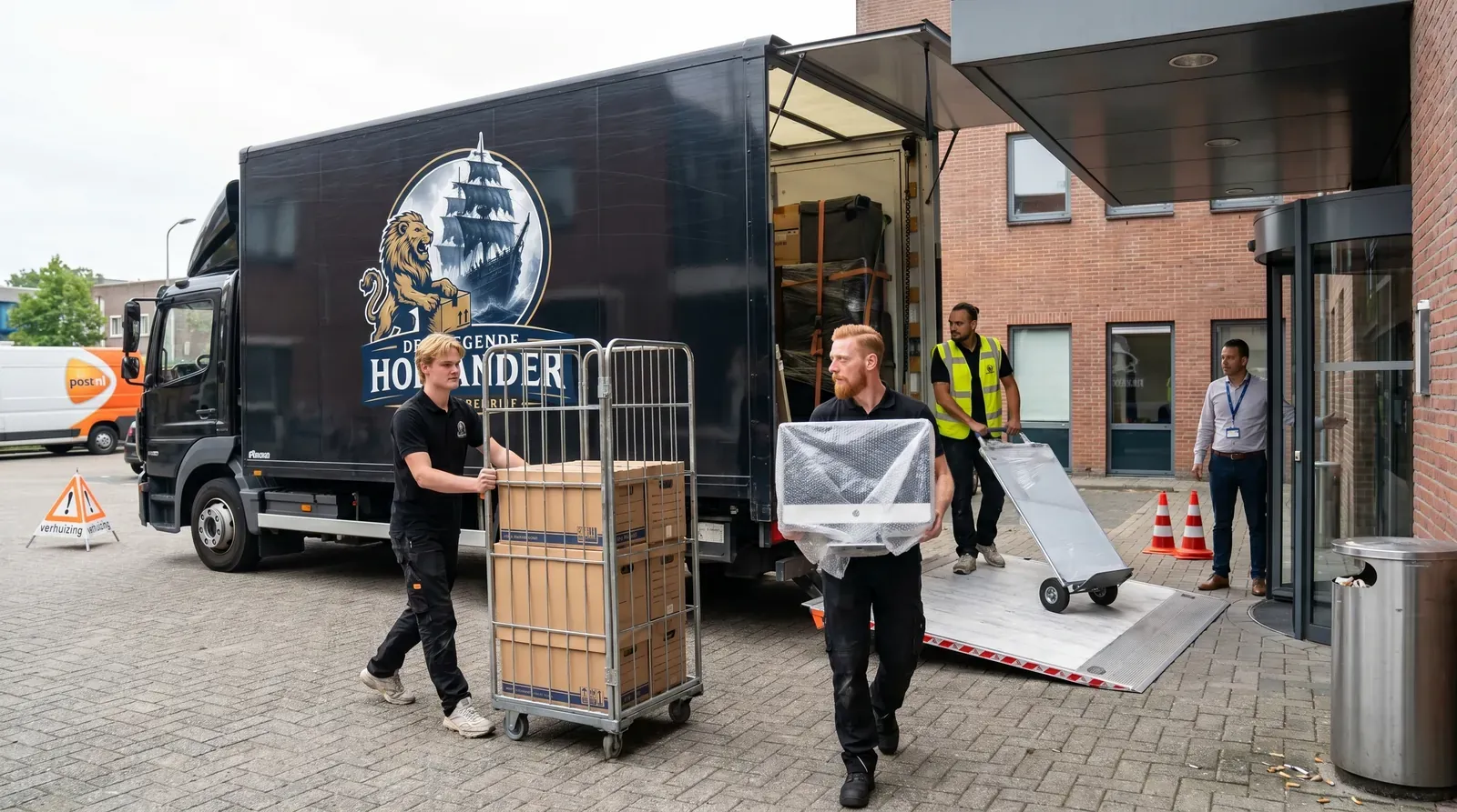 Verhuiswagen van De Vliegende Hollander geparkeerd in de straat tijdens een verhuizing