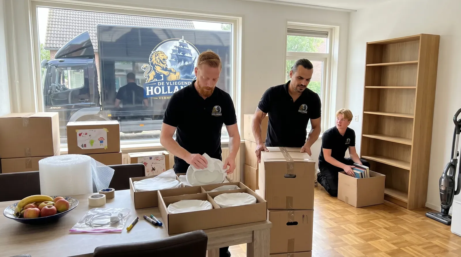 Verhuizers van De Vliegende Hollander pakken de inboedel in een woning in