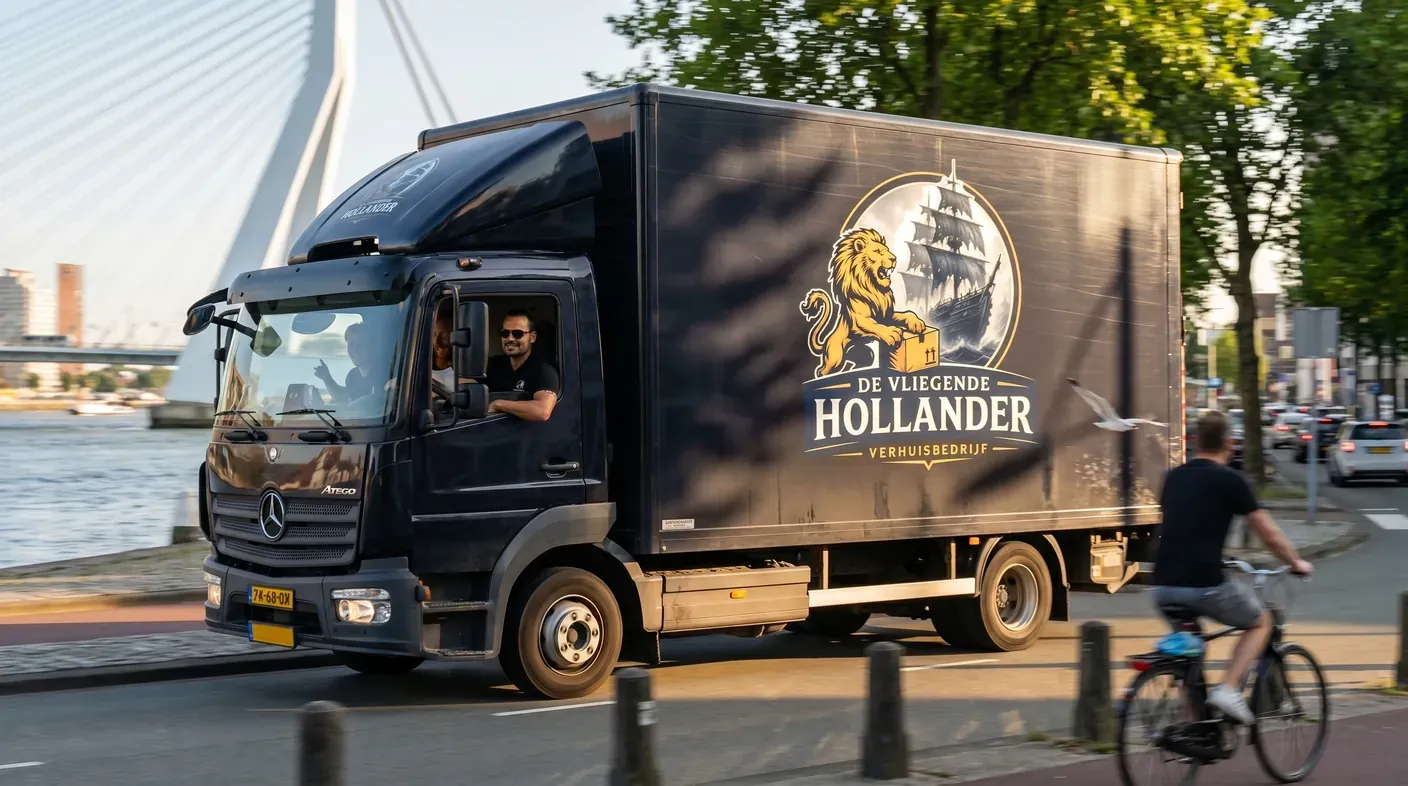 Verhuiswagen van De Vliegende Hollander passeert de Erasmusbrug in Rotterdam
