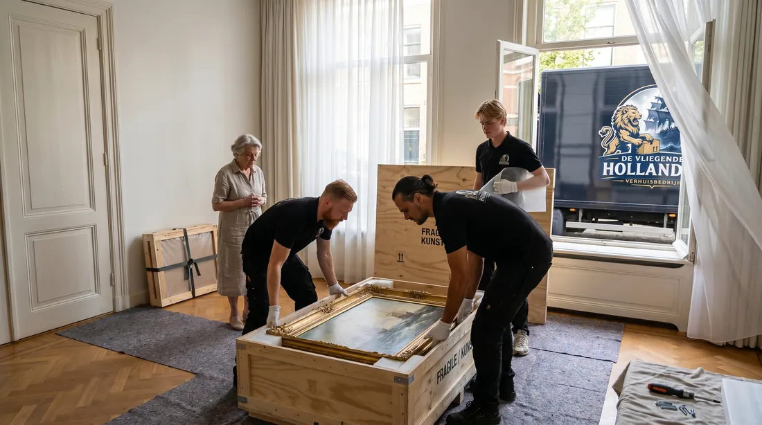 Verhuizer van De Vliegende Hollander pakt voorzichtig een schilderij in